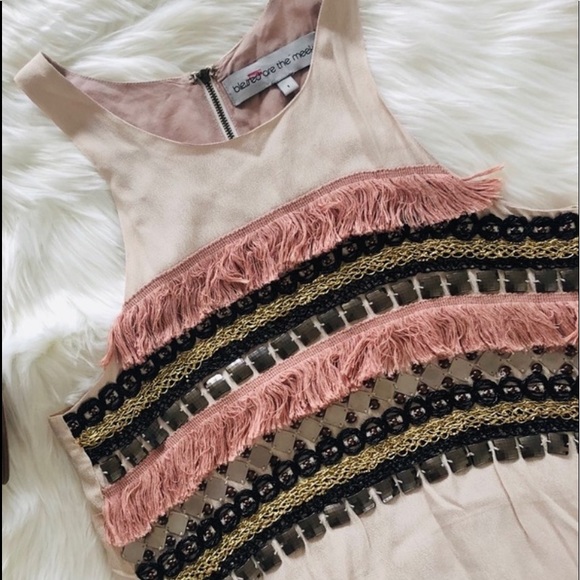 neutral pink embellished beaded mini dress with fringe (2) - Picture 2 of 6